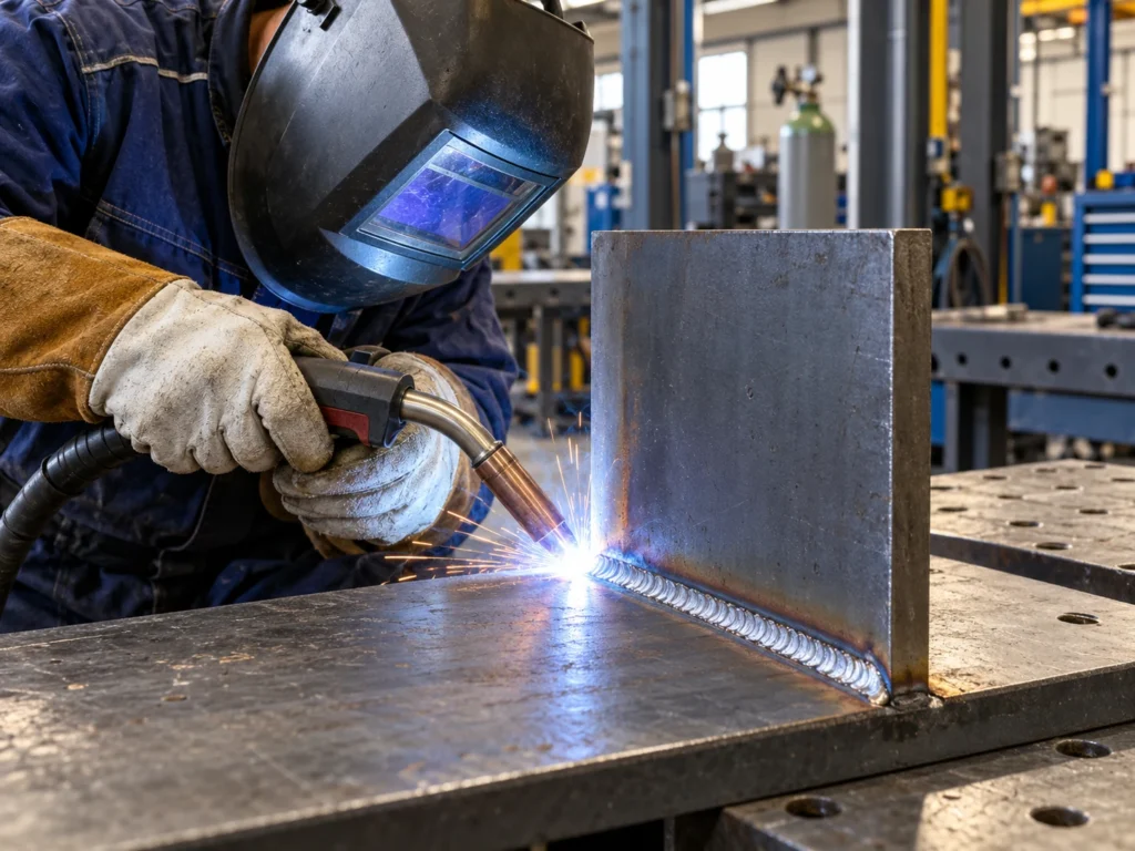 Lasser met beschermende kleding die een hoeklas tussen twee stalen platen maakt.