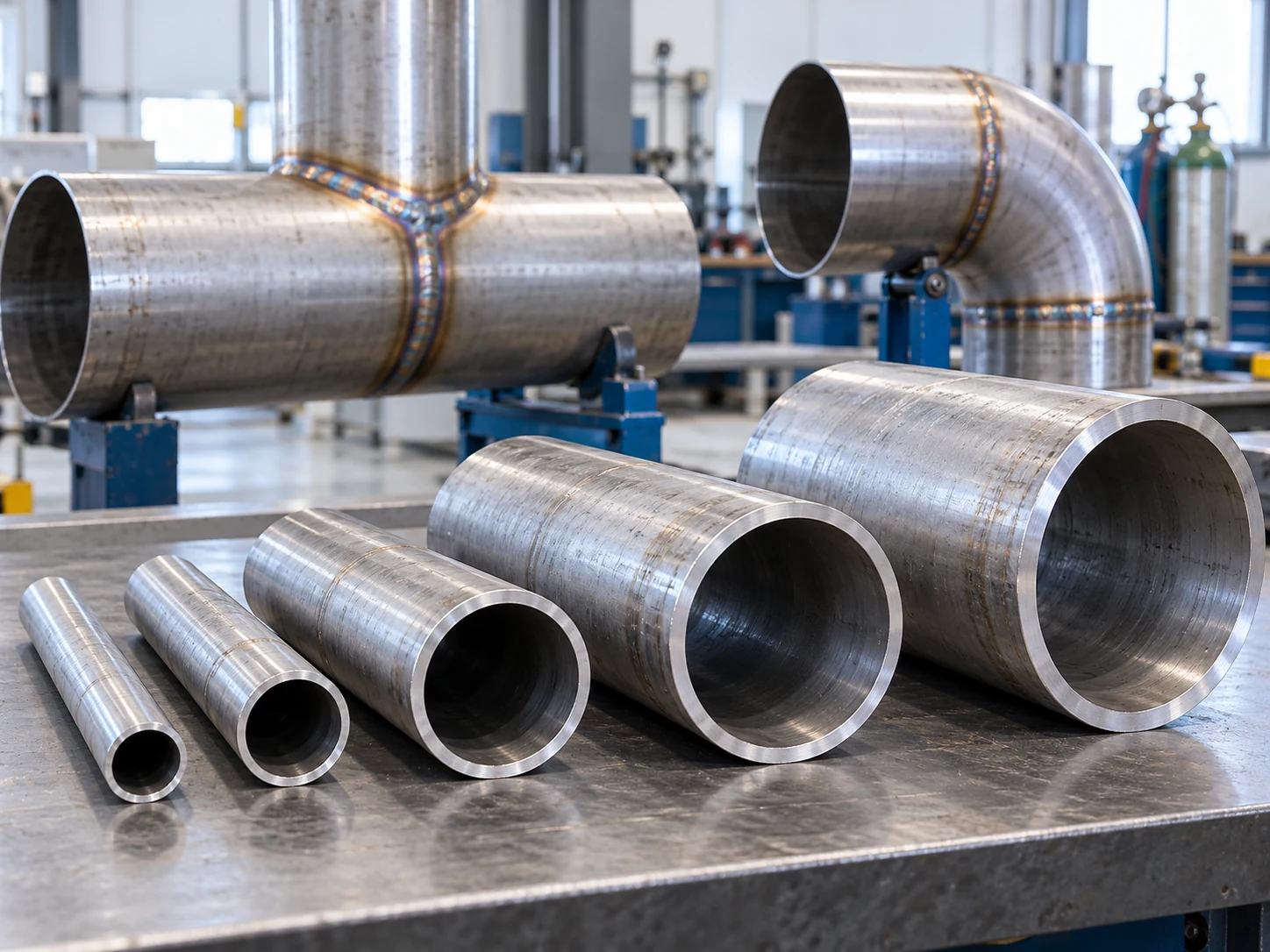 Pijpen met verschillende diameters voor lasproeven Vijf metalen pijpen met verschillende diameters op een werkbank, met gelaste verbindingen erachter.